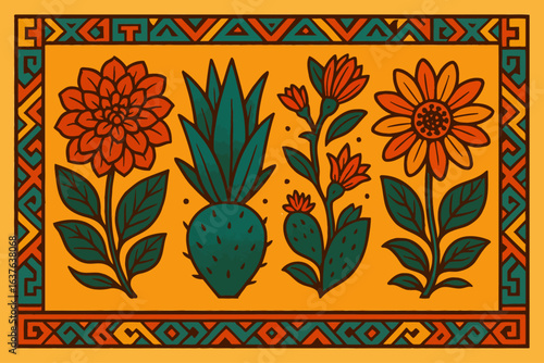 Vibrant Mexican folk art floral illustration featuring bold flowers, cactus, and geometric border patterns in rich earthy tones, inspired by traditional textile and decorative designs