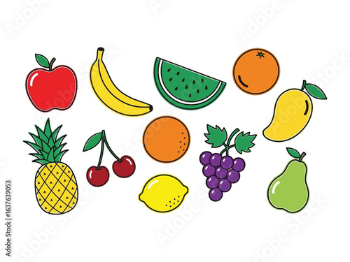 Vibrant Assortment of Fruits: A colorful array of illustrated fruits, each with its own distinct shape and hue, arranged to represent a healthy, diverse selection. 