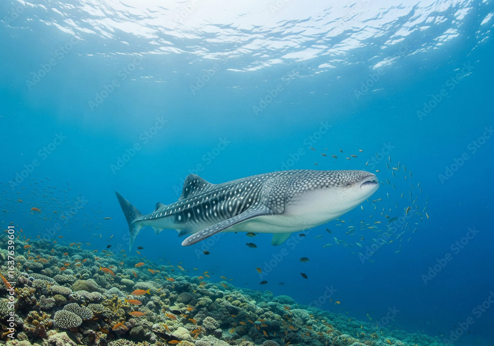 Fototapeta premium Underwater encounter with the world's largest fish, a serene whale shark with its distinctive white spots.