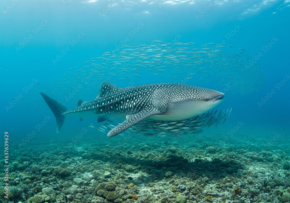 Fototapeta premium Underwater encounter with the world's largest fish, a serene whale shark with its distinctive white spots.