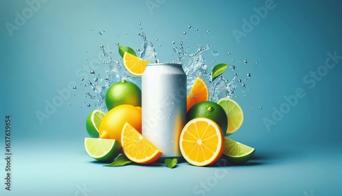 Oranges, lemons and limes around a white soda can mockup with splashing water, blue background floating in the air.