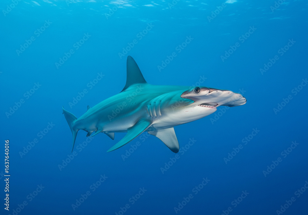 Fototapeta premium Ocean predator: a hammerhead shark swimming in the clear, sunlit waters above a coral reef environment.