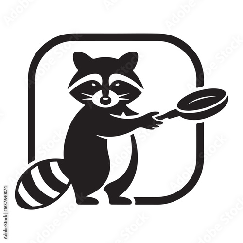 Playful raccoon holding a frying pan in a decorative rounded frame