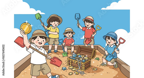 Children treasure hunters digging for gold coins in a sandbox.