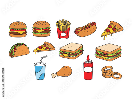 Delicious Assortment: A visually appealing collection of hand-drawn fast food items, presented in a colorful arrangement on a clean display, evoking the tempting allure of quick, satisfying meals.