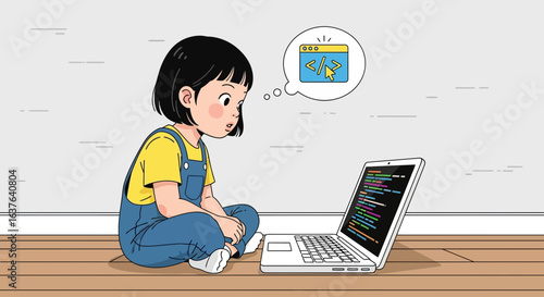 A young girl engrossed in coding on a laptop, with a thought bubble featuring a web page.