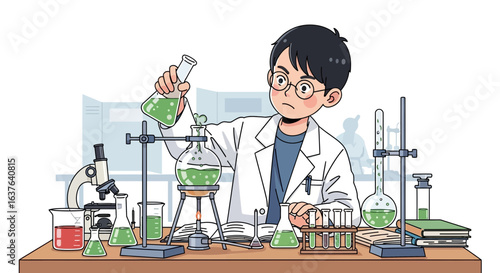 A young scientist in a lab coat carefully pouring liquid into a flask, surrounded by equipment.