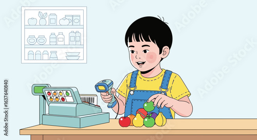 A young boy happily scanning toy fruits at a cash register, playing shop.