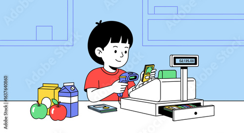 A young boy scans groceries at a checkout counter, including apples, juice boxes, and a smartphone, in a brightly colored, cartoon-style illustration.