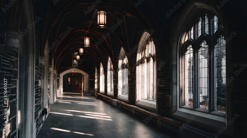 Fototapeta premium Sunlight streams through arched gothic windows in a stone corridor.