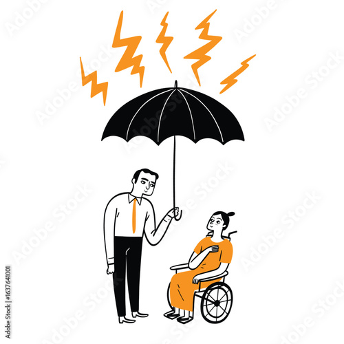 Man Providing Protection and Support with an Umbrella for a Person in a Wheelchair