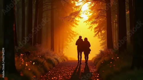 Romantic Sunset Walk: Couple Embraces on Secluded Forest Trail Under Amber Canopy - Perfect Stock Photo for Love and Nature Themes