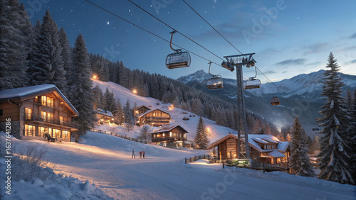 Photo of luxury Alpine ski resort at twilight with cozy wooden chalet at night with snow covered mountains in the background