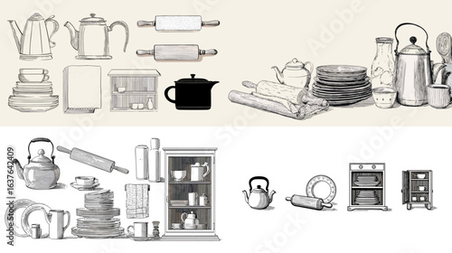 Minimalist hand-drawn kitchenware and cooking tools, including kettles, rolling pins, jars, plates, pots, and cabinets, isolated on a clean background.