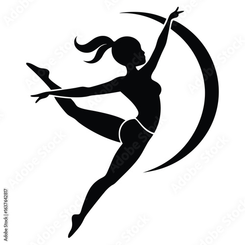 Elegant Silhouette of a Female Gymnast Performing a Dynamic Leap Against a Curved Design Element in Striking Black and White
