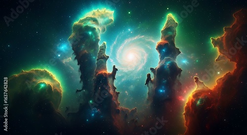 Wallpaper Mural A stunning nebula with towering pillars of gas and dust illuminated by a central spiral galaxy, creating a cosmic masterpiece Torontodigital.ca