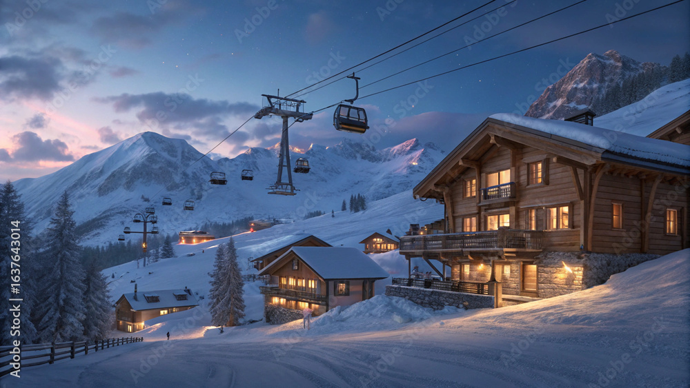 Obraz premium Photo of luxury Alpine ski resort at twilight with cozy wooden chalet at night with snow covered mountains in the background