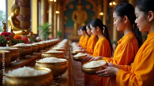 Devotees Offering Rice and Flowers to Buddha in Ornate Temple Hall - Reflective Buddhist Merit Making Ritual - Spirituality, Culture, Tradition, Peaceful Atmosphere