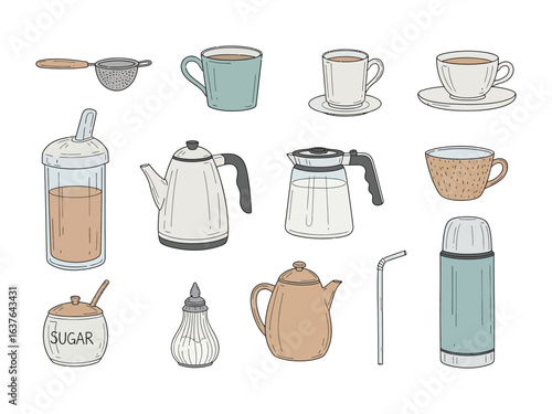 Coffee and Tea Utensils: An assortment of hand-drawn coffee and tea utensils, each item meticulously depicted with intricate lines, ready to elevate your morning ritual or afternoon break