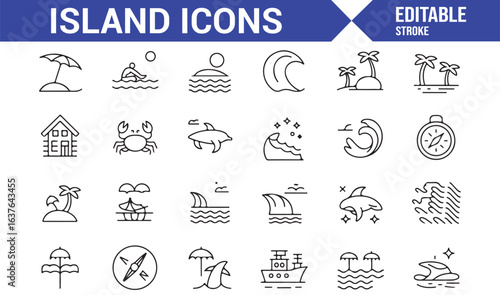A set of tropical island and beach-themed icons featuring marine life, waves, and palm trees.