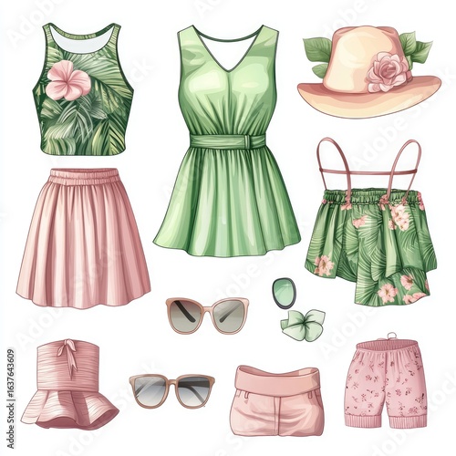 Stylish summer wardrobe collection with dresses, skirts, tops, shorts and hats for a vibrant vacation look