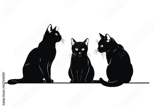 Three black cats sit together on a line, illustrated in a simple black and white style.