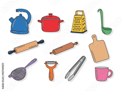 Culinary Utensils Illustrated: An array of essential culinary tools, from a kettle to a grater and ladle. Perfectly depicted for culinary and food preparation design