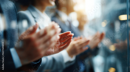 Business professionals are shown clapping their hands in support and appreciation du an event in a modern, bright office setting, conveying success and recognition.