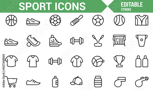 A series of icons representing athletic equipment, including sneakers, gym tools, and sports gear.