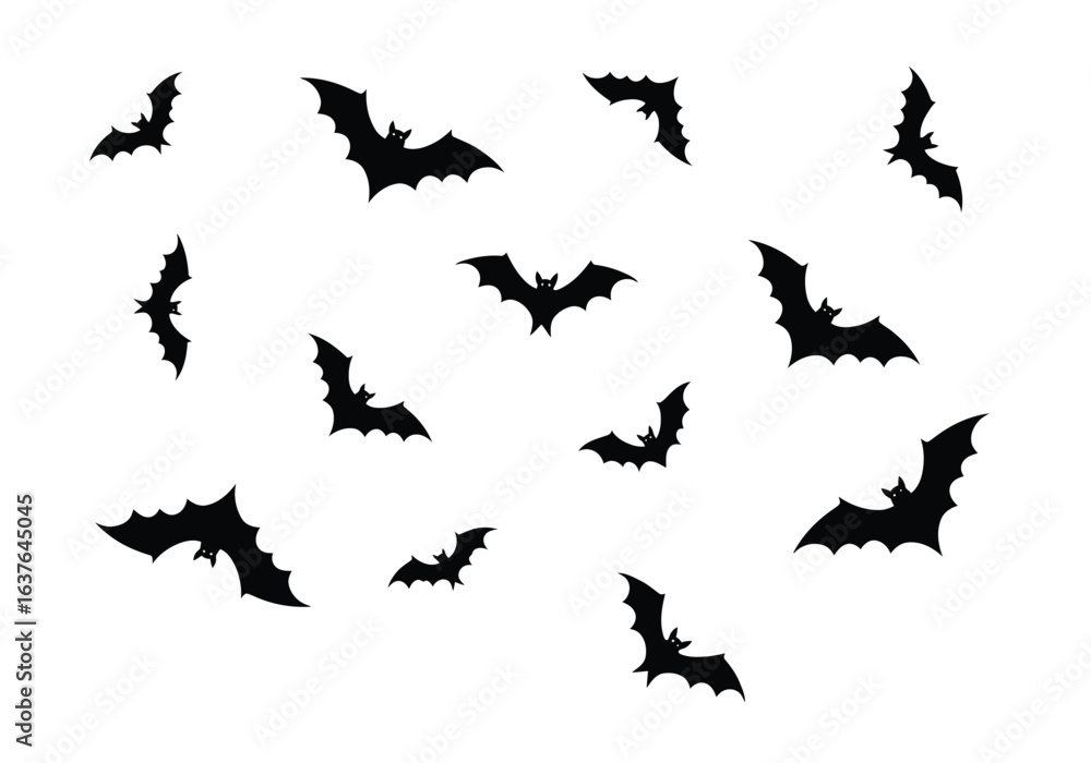 Naklejka premium Black bat silhouettes flying scattered on a clean white background, evoking a spooky Halloween atmosphere.