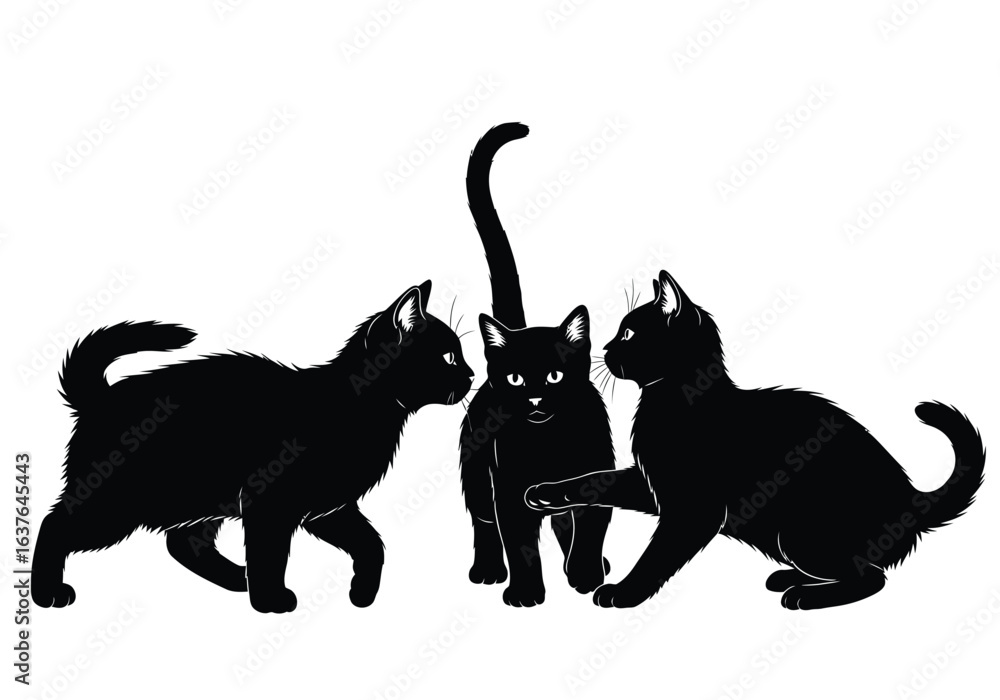 Obraz premium Three black cats are depicted in a vector illustration, two cats are interacting while the center cat stands tall with its tail up.