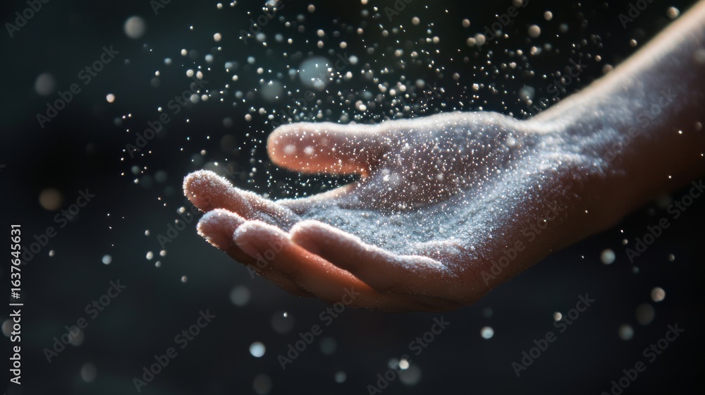 Fototapeta premium a sprinkling of blue snow powder on a human hand
