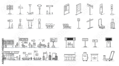 Minimalist line art set of airport and transportation signs, kiosks, seating, boarding gates, and information boards, isolated on a clean background.