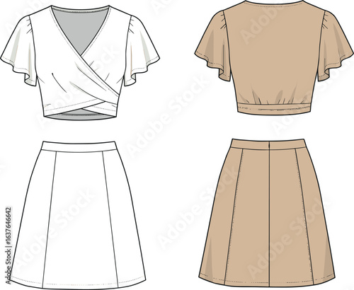 Vector flat sketch of women’s two-piece outfit set with flutter sleeves crop top and A-line skirt, shown in white and beige, front and back views