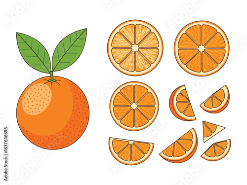 Citrus Burst: An orange, whole and segmented, is vibrantly displayed. with leaves, in a minimalist, mouthwatering arrangement. and showcasing refreshing elements