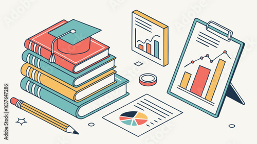 Education data analysis and statistics with books and graduation cap for business and finance growth chart