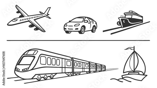 Transportation vehicles clip art vector illustration of airplane car ship train and sailboat drawing design image