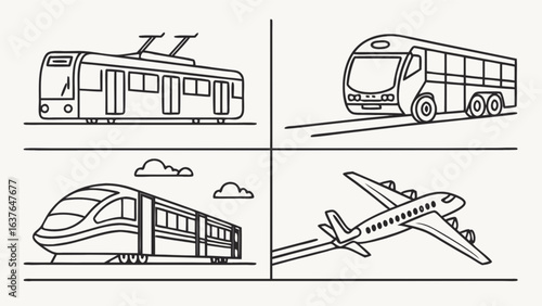 Transportation coloring page featuring bus train tram and airplane for kids and adults drawing activity
