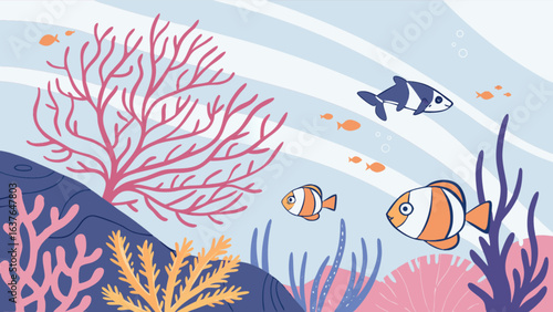 Cute under the sea ocean life illustration with coral reef and colorful fish vector design template download