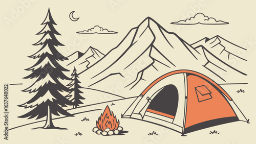 Camping adventure illustration with tent, campfire, mountains and trees for outdoor enthusiasts design