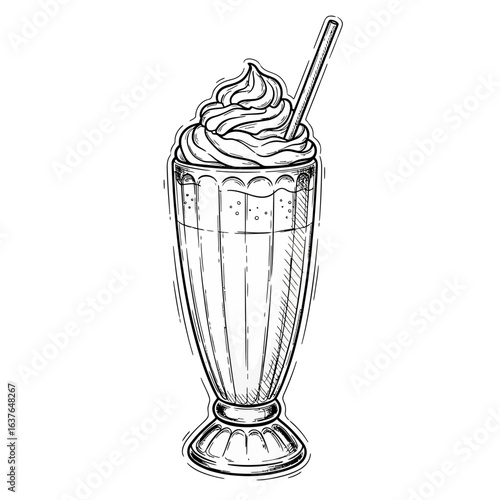 Illustration Art Vector of a Milkshake with Cream Topping in Detailed Line Style