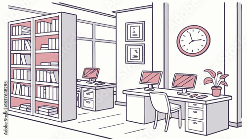 Office interior design with desks, computers, bookshelves, and clock vector illustration concept