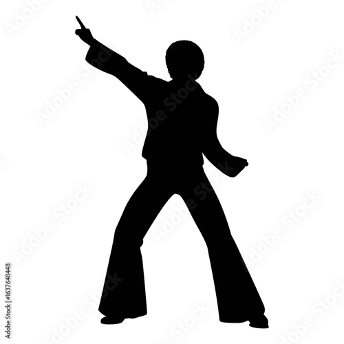 Silhouette of disco dancer performing funky dance moves in retro style with bell bottoms and suit