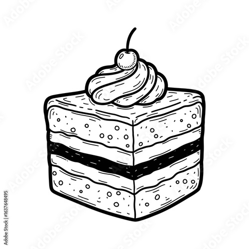 Illustration Art Vector of Slice of Cake with Cherry Topping in Hand Drawn Style