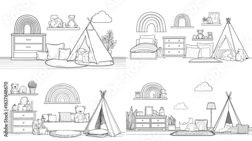 Illustration of a children's room interior, featuring a play tent, bed, wardrobe, rainbow and toys, ideal for children's room decoration design.