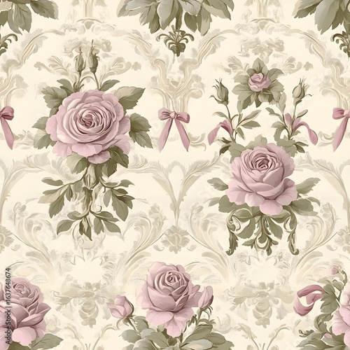 Elegant Floral Damask Pattern with Pink Roses and Green Leaves