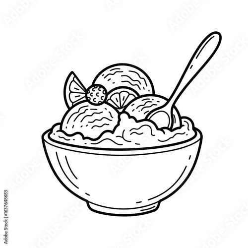 Food Vector Illustration of Ice Cream Bowl with Spoon and Citrus Fruit in Modern Outline Style