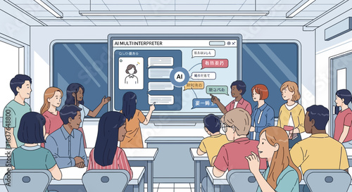 Diverse students and teachers in a classroom, engaging with an interactive AI-powered display.
