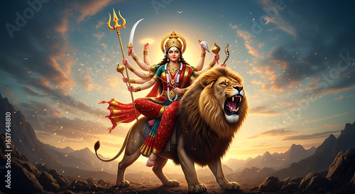 Goddess Durga riding a lion with weapons in sunset sky