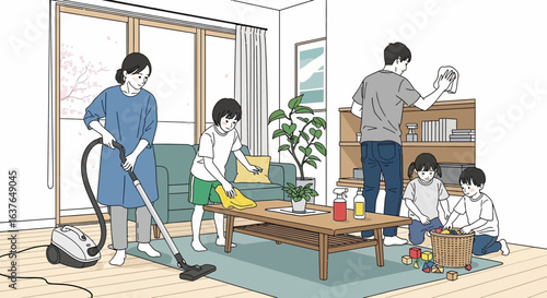 A family engaged in household chores, cleaning a living room, demonstrating teamwork and domesticity.